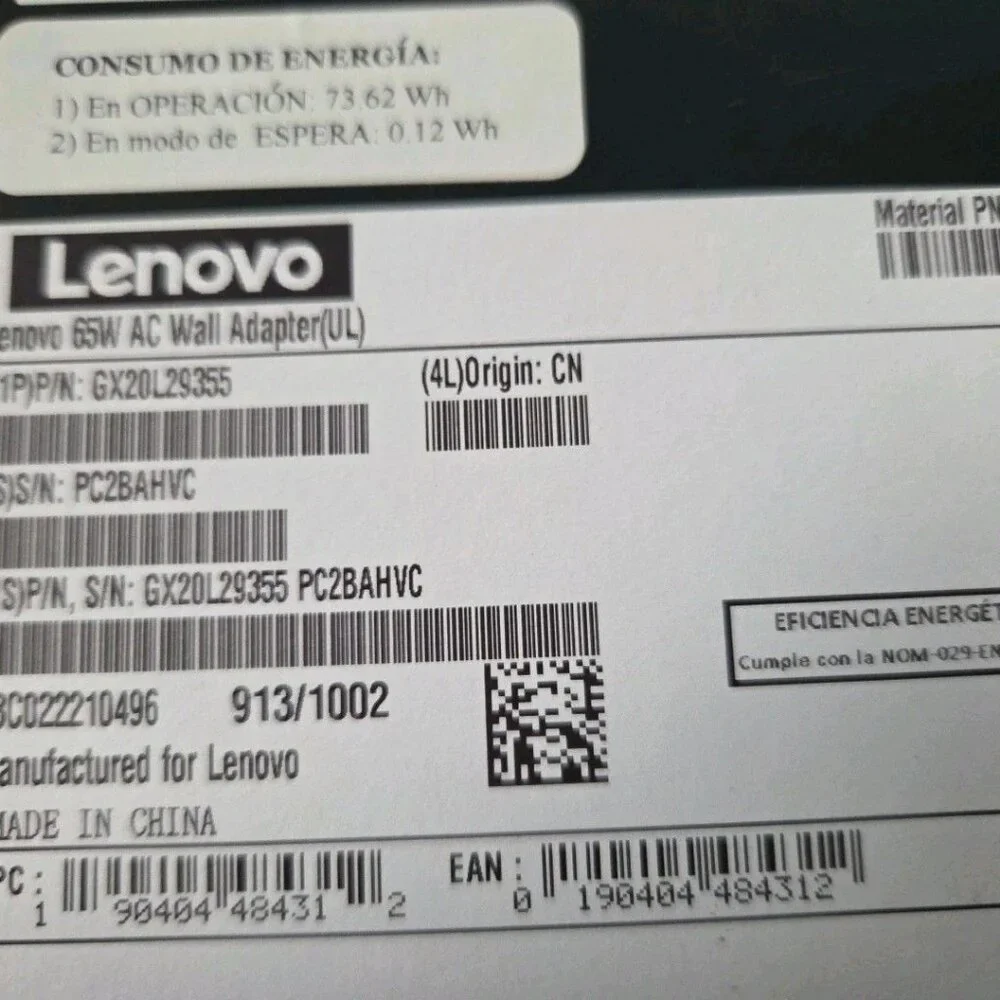 Lenovo 65W Laptop Charger - Round Tip AC Wall Adapter (GX20L29355) Black Sealed